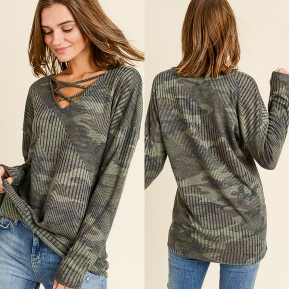 Tops - LAST 1! Camo criss cross ribbed tunic